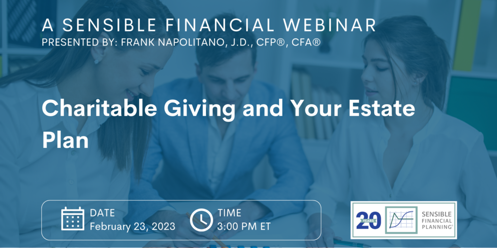 The banner shows the date and time of the charitable giving and your estate plan webinar.